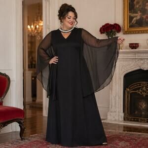 70s Vintage Lane Bryant Black Angel Wing Maxi Gown, Plus Size - 24 1/2, 1X/2X